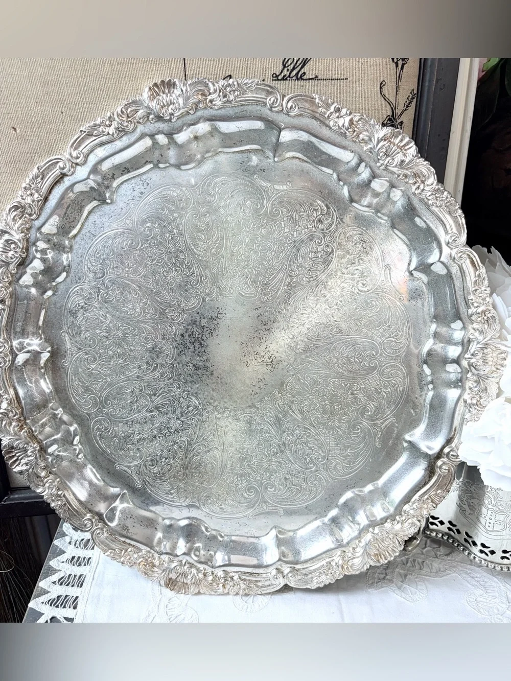 Towle silver ornate serving tray shells floral heritage